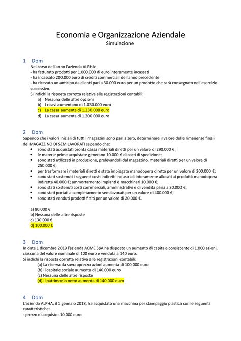 Simulazione Soluzioni Economia E Organizzazione Aziendale Simulazione