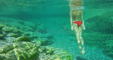 Dive Water And Summer With A Woman In A Bikini Jumping Into A Lake Outdoor While On Vacation Or