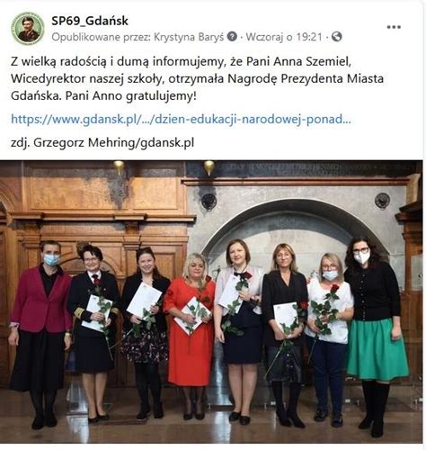 Nagroda Prezydenta Miasta Gdańska dla Pani Anny Szemiel Wicedyrektor