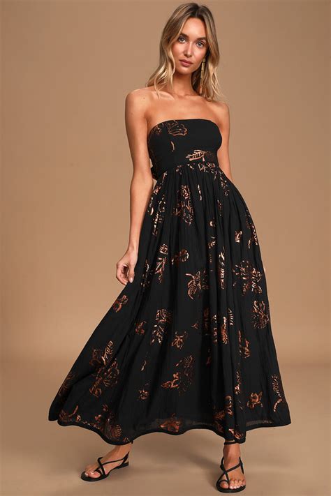 Free People Baja Babe Black Floral Print Dress Strapless Midi Lulus