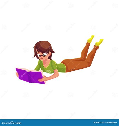 Girl Woman In Glasses Reading A Book In Lying Position Stock Vector