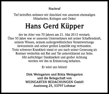 Traueranzeigen von Hans Gerd Küpper WirTrauern