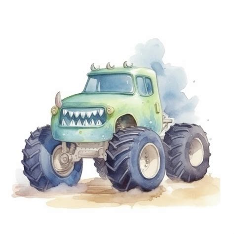 Um desenho em aquarela de um caminhão monstro a boca de um tubarão