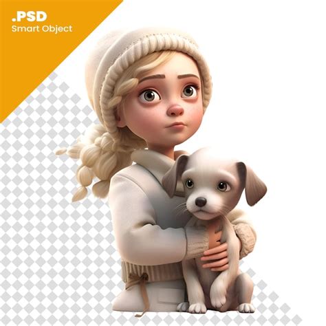 Niña pequeña con un perro en un fondo blanco plantilla de psd de