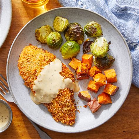 Recipe Panko Crusted Chicken And Maple Dipping Sauce With Roasted Brussels Sprouts And Sweet