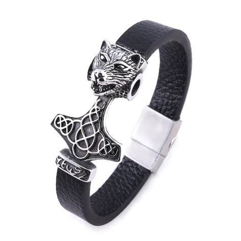 Odin Symbol Wolf Head Stainless Steel Thor Hammer Leather Cuff Viking