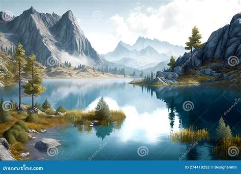 Realistic Lake And Mountain Landscape Wallpaper Design Illustration