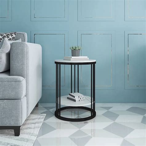 Modern Round Faux Marble Side Table With Shelf Black Finish