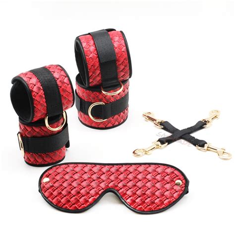 Smspade 4 Pieceslot Red Pu Bondage Kit Handcuffs Ankle Cuffs Blindfold Hog Tie Restraints Set