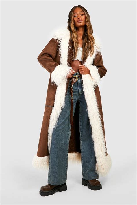 Oversized Faux Fur Detail Coat Boohoo Uk