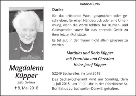 Traueranzeigen Von Magdalena K Pper Aachen Gedenkt