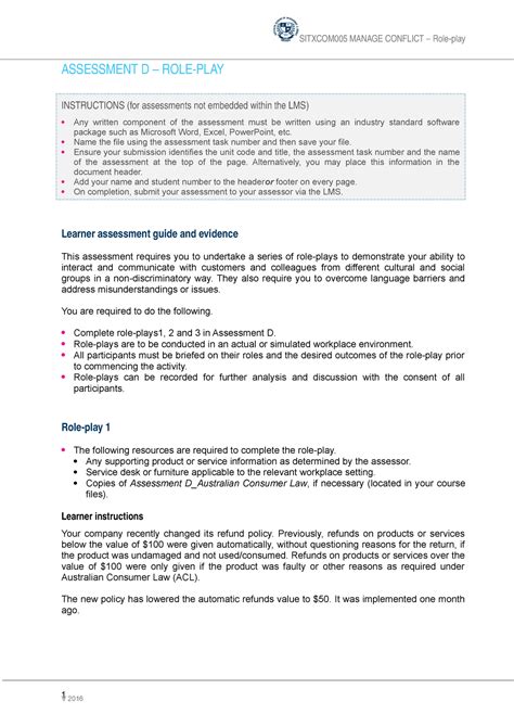 Sitxcom Assessment D Role Play V Assessment D Role Play