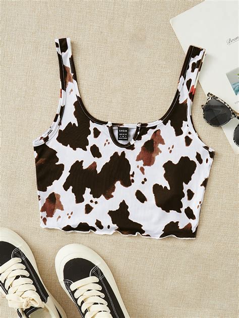 Shein Ezwear Top Tank Con Estampado De Vaca Ribete En Forma De Lechuga