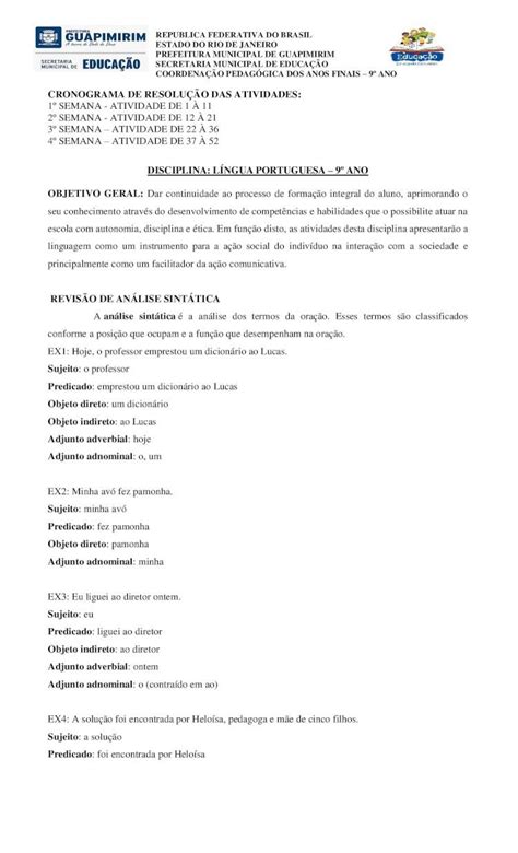 PDF DISCIPLINA LÍNGUA PORTUGUESA 9º ANO OBJETIVO GERAL guapimirim