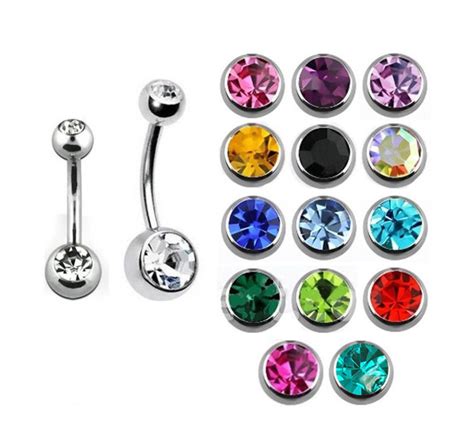 Double Gem Belly Bar Navel Piercing Surgical Steel With Cz Gems Ebay