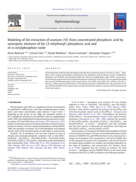 Pdf Modeling Of The Extraction Of Uranium Vi From Concentrated