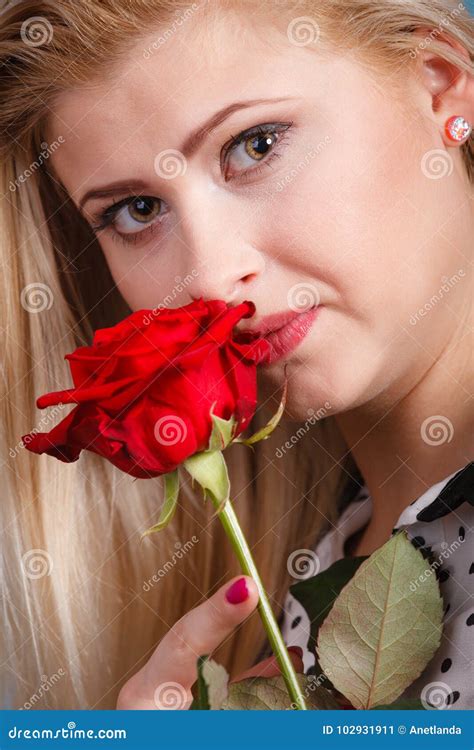 Gorgeous Woman Holding Red Rose Flower Stock Image Image Of Smell Girl 102931911