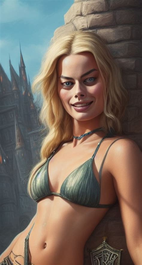 Margot Robbie Portrait Posing In A Tassel Bikini In Front Of Hogwarts Highly Detailed And