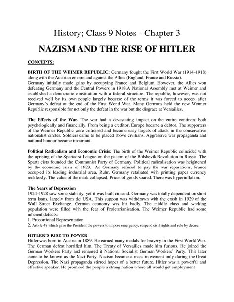 Nazism And The Rise Of Hitler History Class Notes Chapter