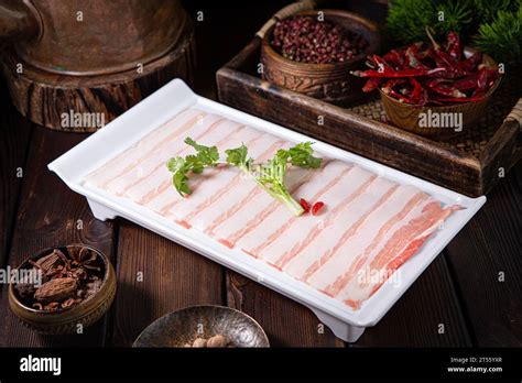 A Plate Of Pork Belly For Hot Pot Yakiniku Sukiyaki And Shabu Used Stock Photo Alamy