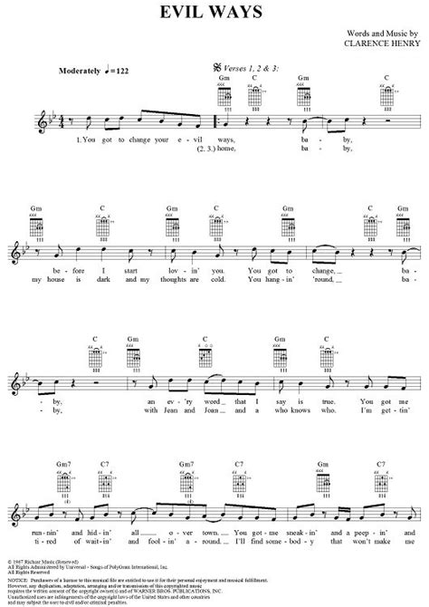 Evil Ways | Lyrics and chords, Digital sheet music, Red dress lyrics