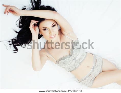 Sexy Beautiful Brunette Woman Lying Bed Stock Photo