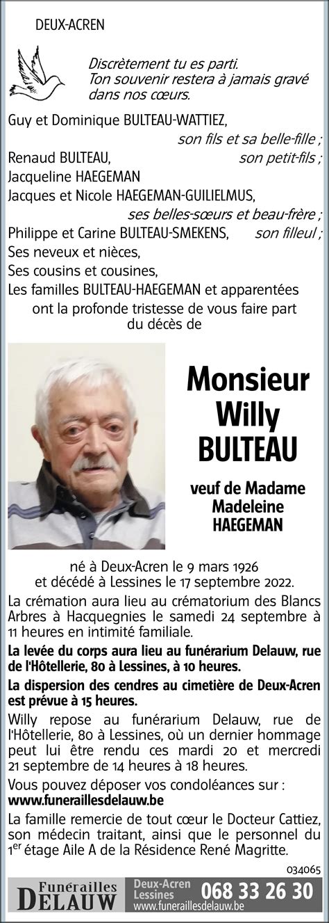 Willy BULTEAU 17 09 2022 Avis nécrologique lavenir net