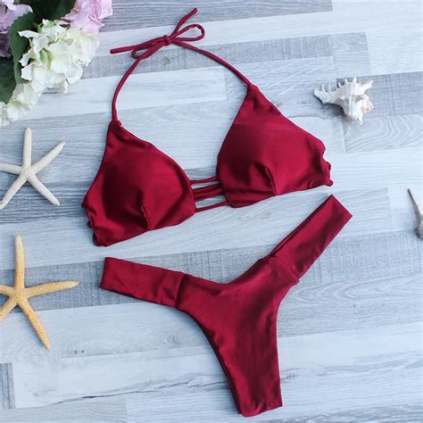 Women Swimsuit New Sexy Thongs Bikini Sets Solid Red Sexy Brazilian