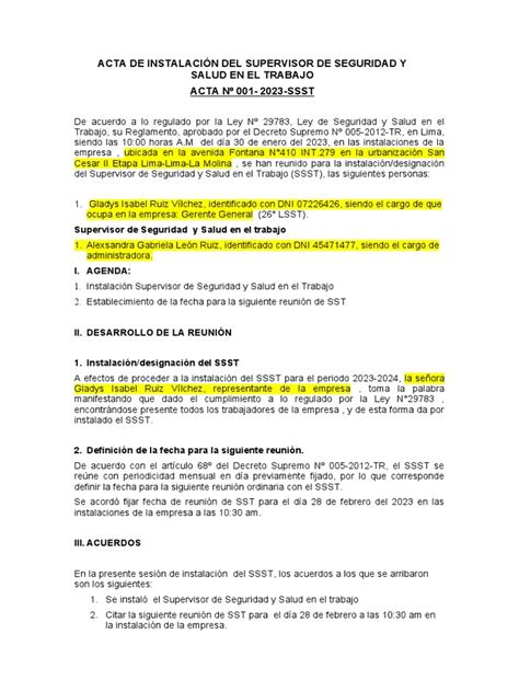 Modelo De Acta De Supervisor Comite Sst 2 Pdf Gobierno