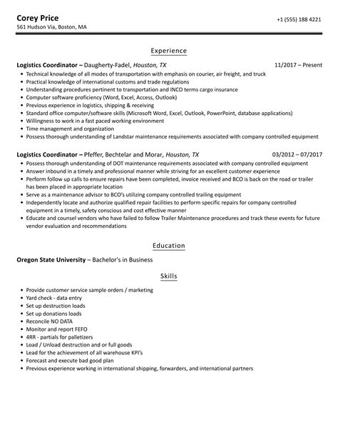 Logistics Coordinator Resume Samples Velvet Jobs