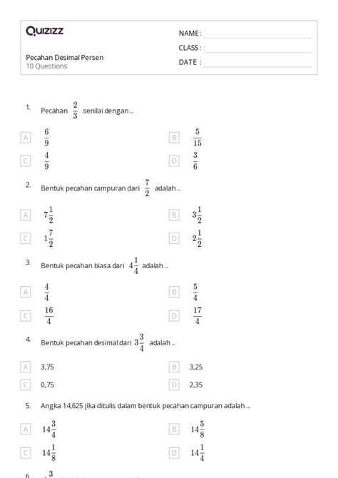 50 Lembar Kerja Konversi Persen Desimal Dan Pecahan Untuk Kelas 6 Di