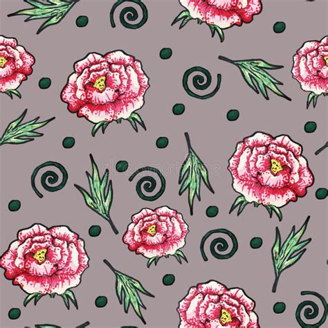 Seamless Pattern Of Flowers Of Leaves And Twigs Delicate Pink Peonies