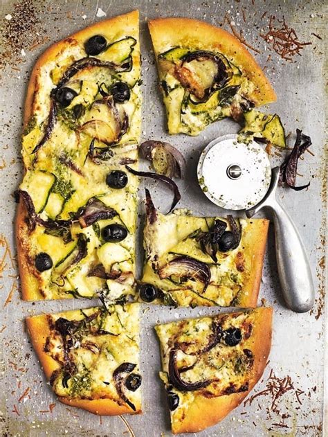 Pizza Bianca With Goats Cheese Courgettes And Black Olives Recipe