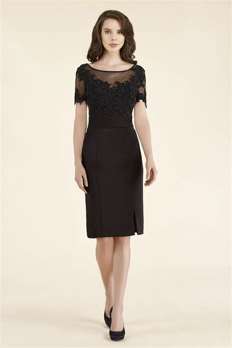 Sheath Column Illusion Knee Length Lace Stretch Crepe Black Short