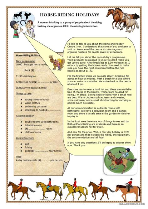 Horse Riding Holidays Reading For De English Esl Worksheets Pdf And Doc