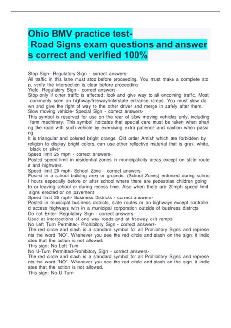 Ohio Bmv Practice Test Road Signs Exam Questions And Answers Correct