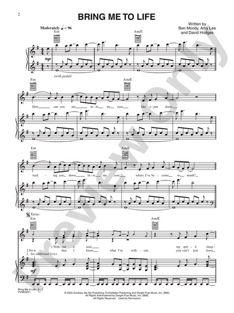 Bring Me to Life: Piano/Vocal/Chords: Evanescence - Digital Sheet Music ...