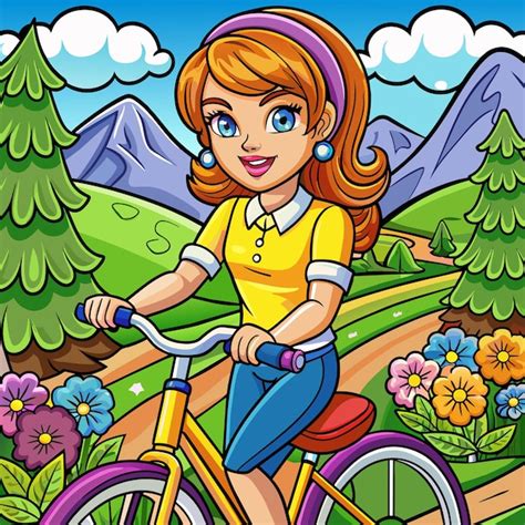 Una ilustración de dibujos animados de una chica montando una bicicleta