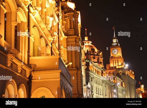 Illuminated Buildings On The Bund At Night Shanghai China Stock Photo