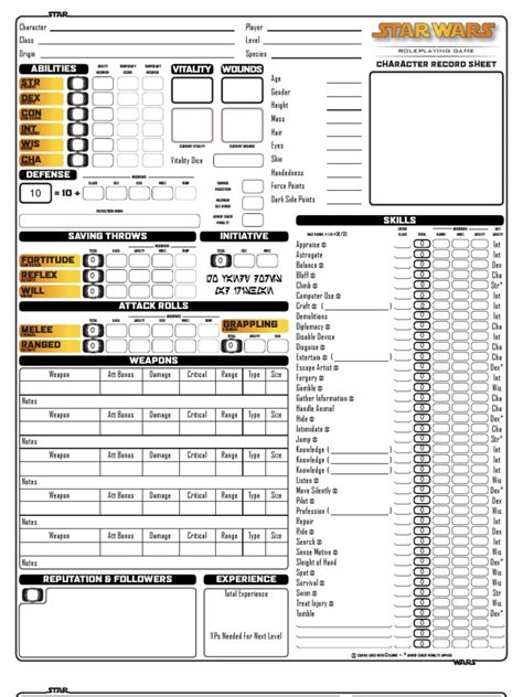 star wars fillable Character sheet