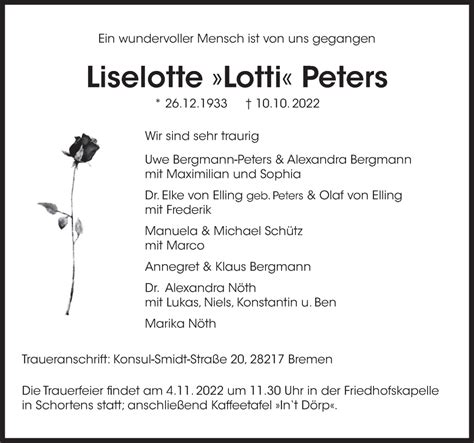 Traueranzeigen Von Liselotte Peters Nordwest Trauer De