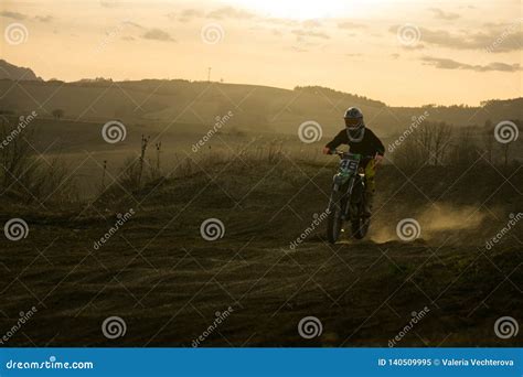 Motorcyclist Riding Off Road During Sunset Slovakia Editorial Image