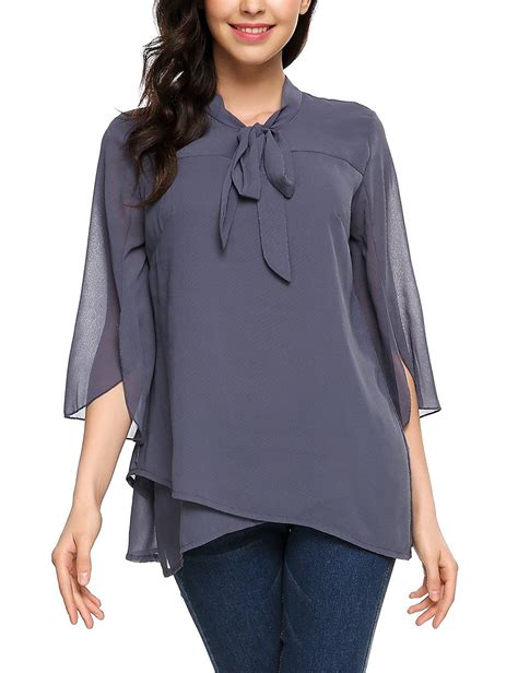 Women Bow Tie V Neck Flare Sleeve Asymmetrical Hem Chiffon Blouse Shirt