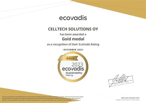 Celltech Solutions Oy Achieves Gold Ecovadis Medal For Outstanding