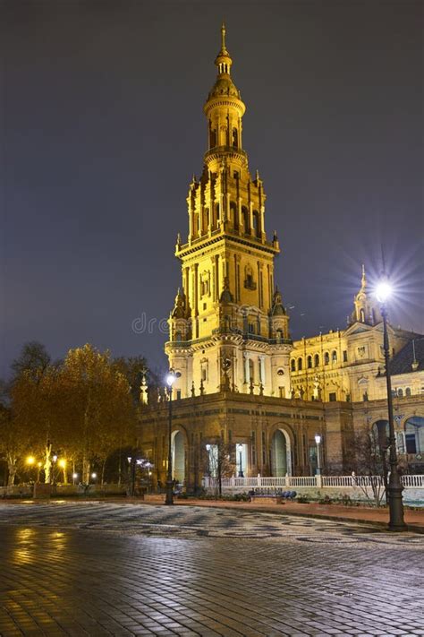 Night View of Nord Tower on Plaza De Espana after Rain Stock Photo ...