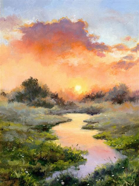 Misty River Landscape Original Oil Painting Sky Clouds Sunset Etsy