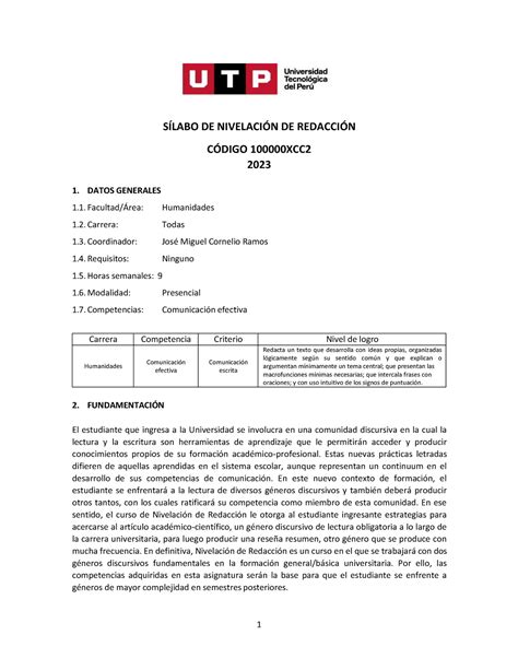 Sílabo 2023 Pau SÍlabo De NivelaciÓn De RedacciÓn CÓdigo 100000xcc