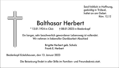 Traueranzeigen Von Balthasar Herbert Vrm Trauer De