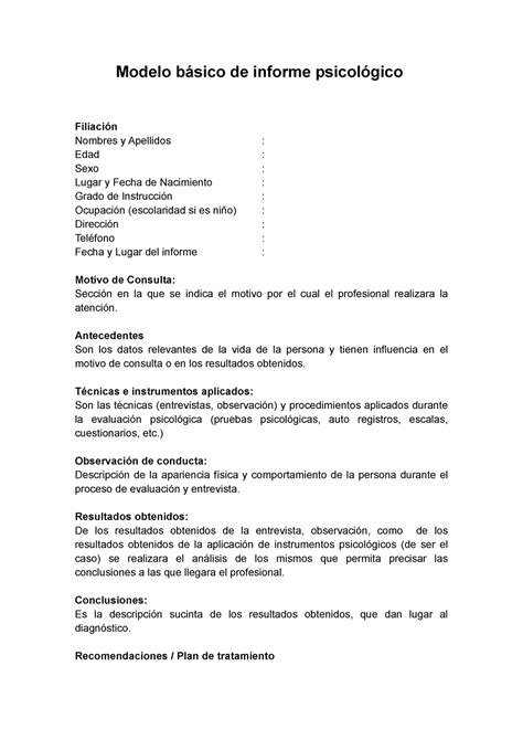 Modelo De Informe Psicologico Modelo B Sico De Informe Psicol Gico