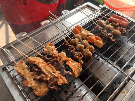 Various Types Of Satay Skewer Sausage Skin Yakitori Chicken On Hot